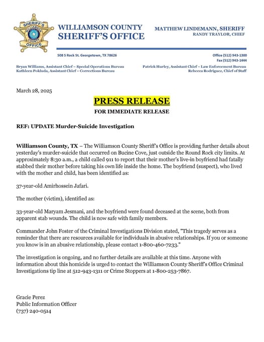 Maryam Jesmani Death & Obituary: Murder-Suicide Incident near Round Rock, TX